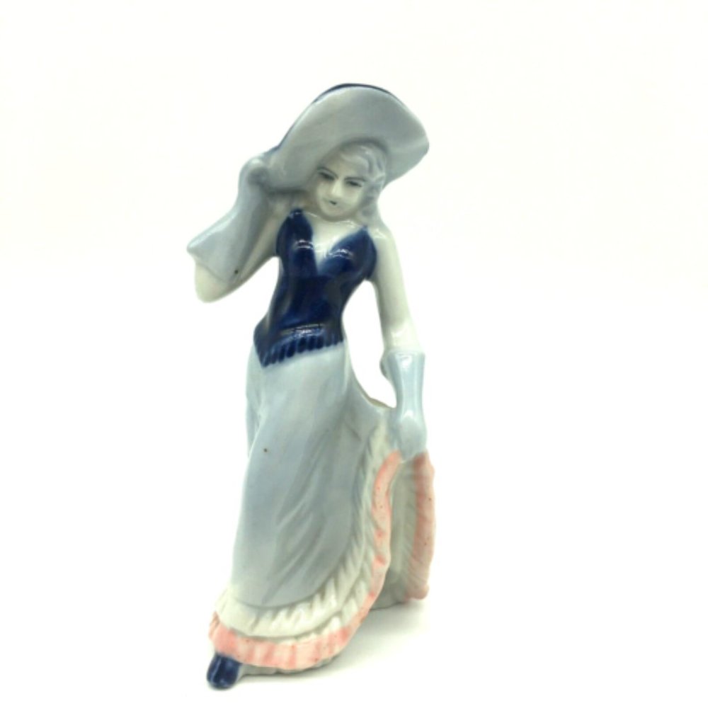 Vtg Occupied Japan Porcelain Figurine Fancy Hat Woman Lady Blue, White Pink